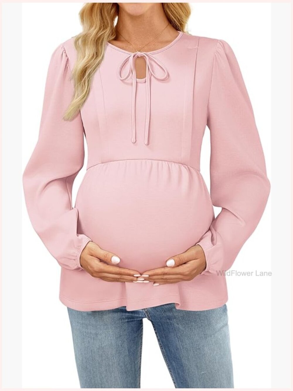 Tie Front Maternity Nursing Top Puff Sleeve Keyhole Hidden Zipper Blouse